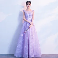 Lilac Purple Long Bridesmaid Dress Lace 3D Flower Women Scoop Neck Wedding Ceremony Dress A Line Long Formal Evening Party Gowns