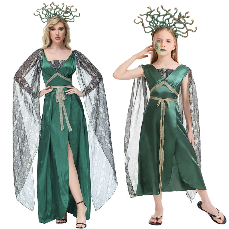 

Halloween Greek Mythology Medusa Cosplay Costume For Adult Kids Women Sexy Dress Cape Headwear Suit Carnival Queen Witch Costume