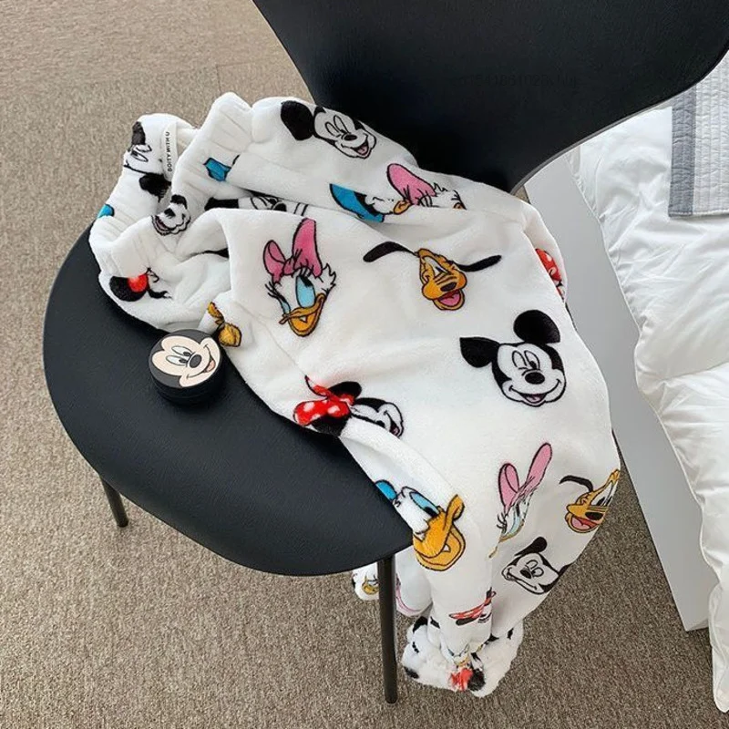 Disney Mickey Mouse New Style Flannel Pajamas Pants White Women Soft Plush Trousers Y2k Clothes Kawaii Female Casual Home Pants