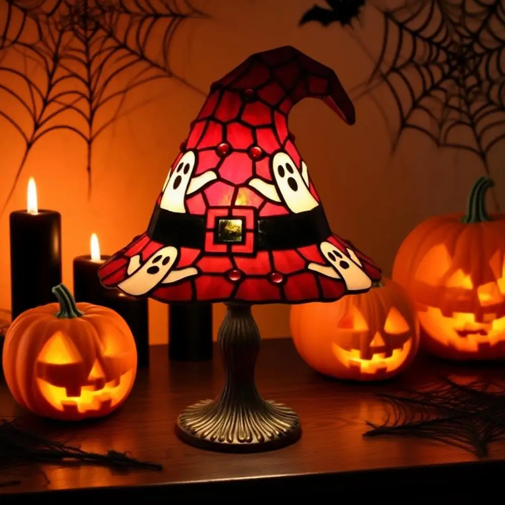 Charming Witch Hat Light Hat Led Night Light Table Lamp Set for Indoor Halloween Decor Handcrafted Stained Resin for Haunted