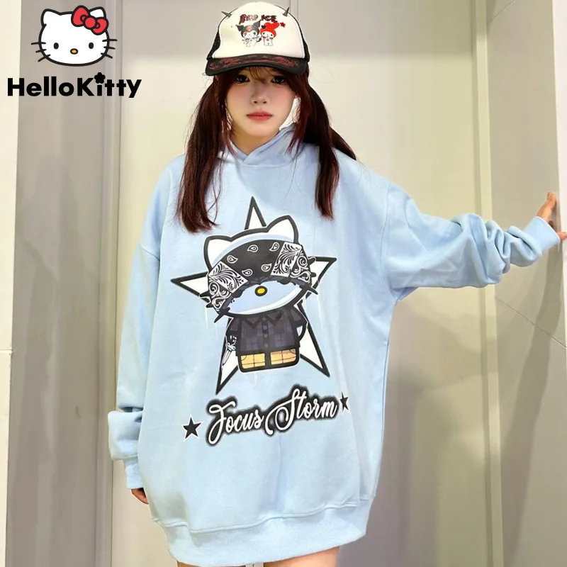 

Sanrio Hello Kitty Harajuku Blue Hoodies Y2k Long Sleeve Tops Cartoon Fashion Pullovers Women Autumn Clothes Trend Sweatshirts