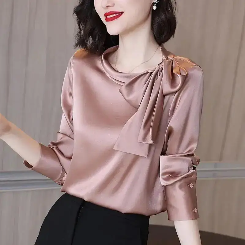 Spring Autumn Fashion Satin Elegant Chic Bow Lace Up Design Office Lady Shirt Solid Loose Long Sleeve Blouse Top Women Blusas