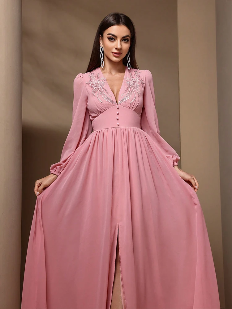 TOLEEN-vestidos hasta el suelo para mujer, moda de estilo industrial pesado, bengalas bordadas, vestido acampanado de gasa, vestido de dama de honor de boda