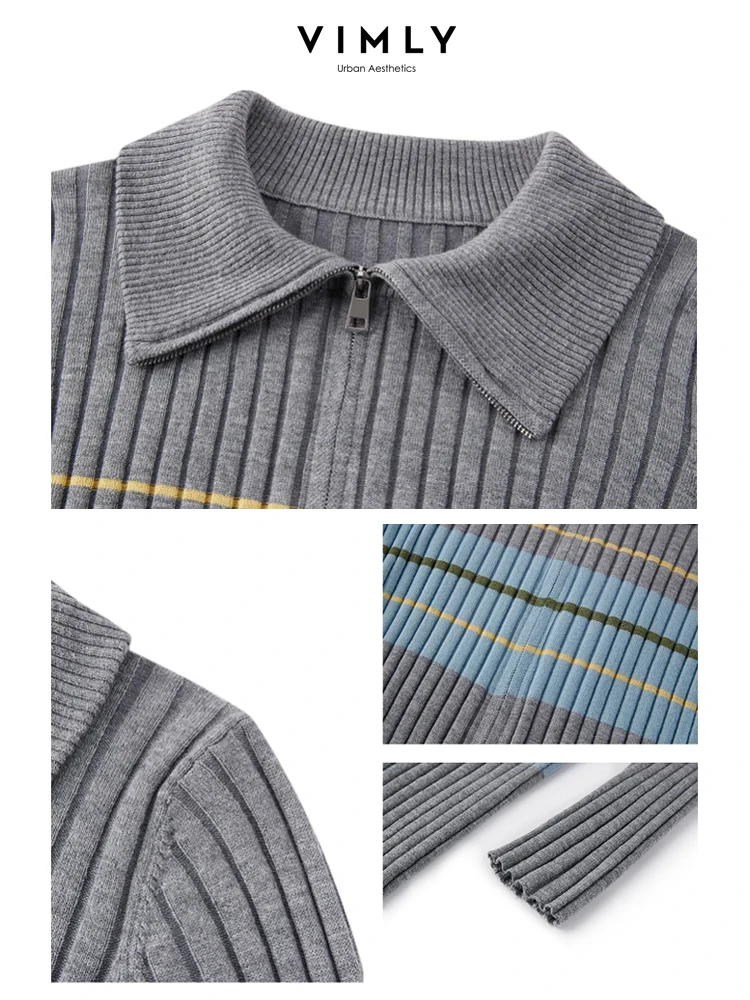 Vimly Grey Striped Wool Blend Knitted Cardigans 2024 Spring Lapel Zipper Slim Long Sleeve Knit Top Soft Female Knitwear 72722