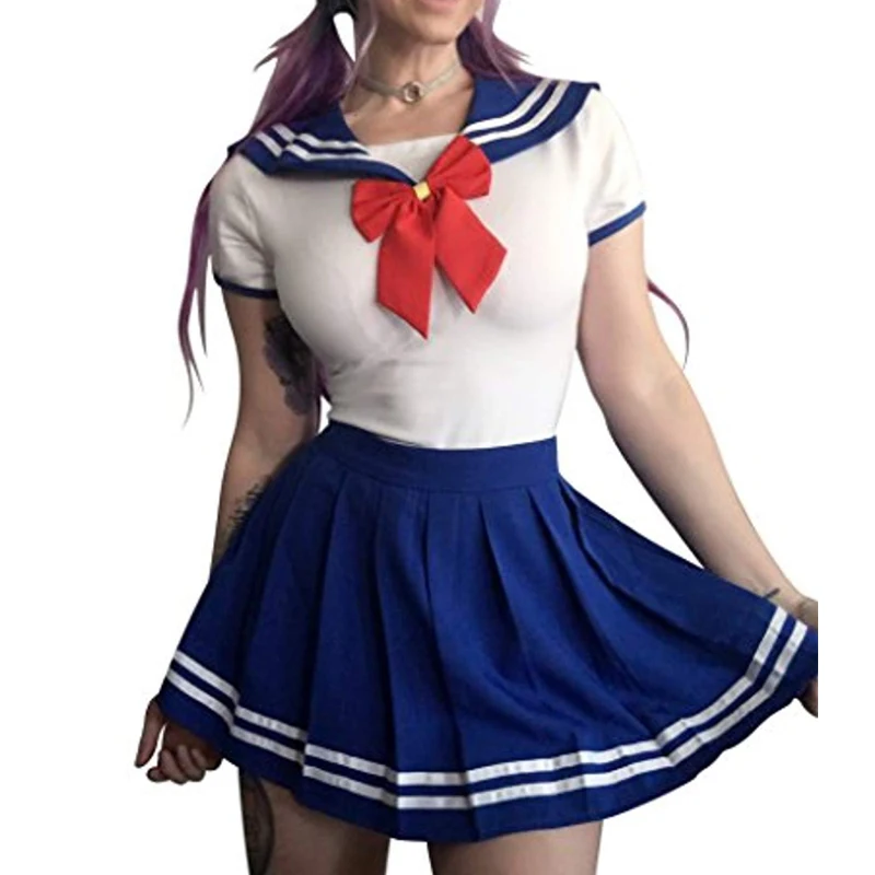 

Cute Girl Cosplay Sailor Cotton Short Sleeved Romper Onesie Pajamas Bodysuit Pleated Skirt Set Sissy COS Party Sexy Costume