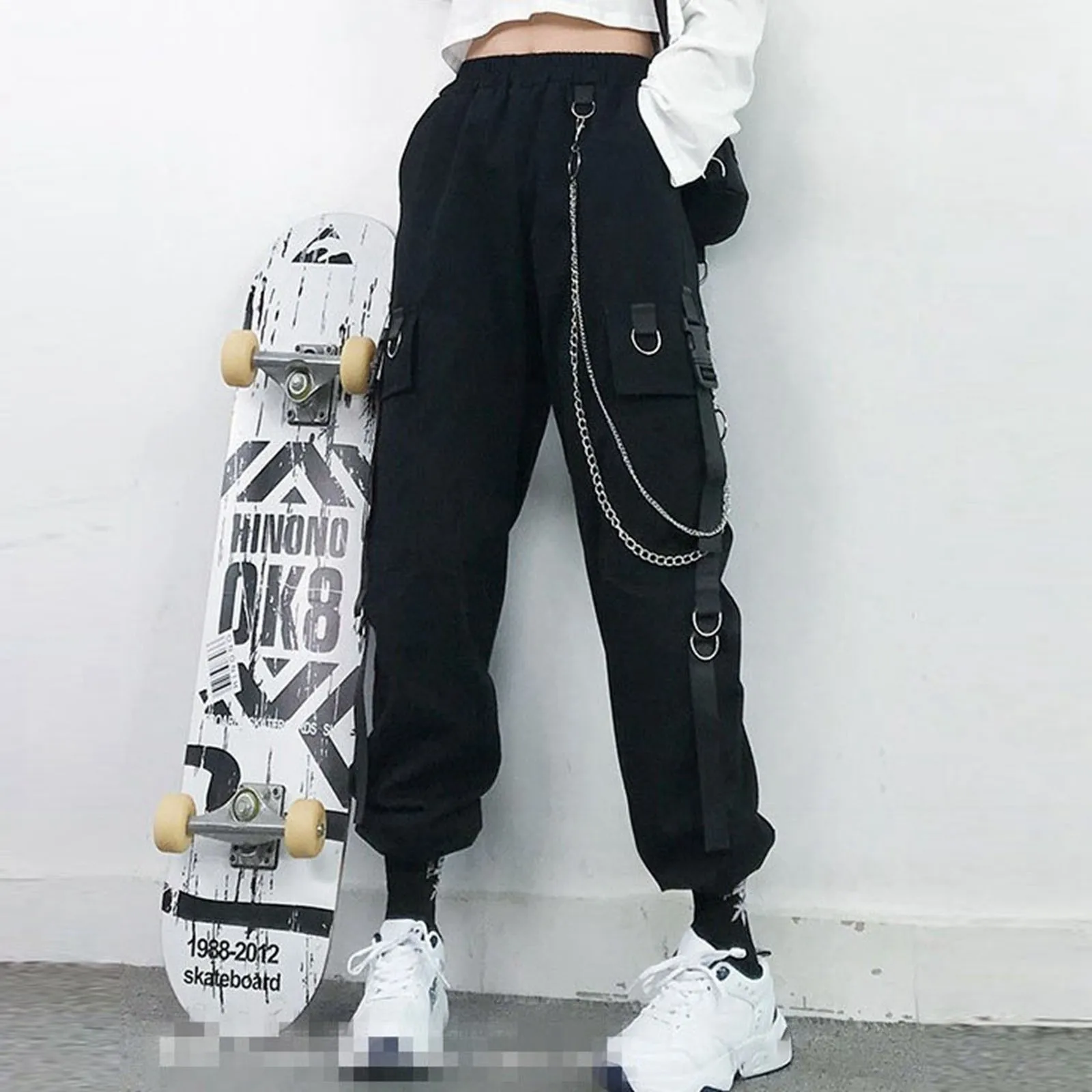 New Women's Black Cargo Pants Slimming High-waisted Straight-leg Long Trousers Autumn Punk Goth Handsome Hip Hop Streetwear