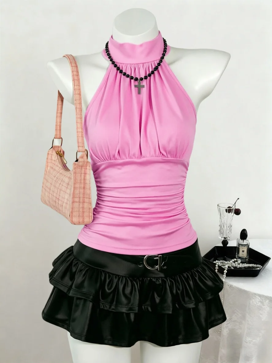 Damen Perlenbesetztes Neckholder-Top Ärmellos mit seitlicher Raffung, schmal geschnitten, einfarbig Schwarz, kurzes Tanktop, Sommer 2026, Gothic Streetwear Clubwear – Detail 2