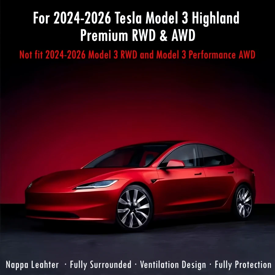 For 2024-2026 Tesla Model 3 Highland Premium RWD & AWD Fully Seat Covers Nappa Leather Front Rear Car Seat Cushion Armrest Cover