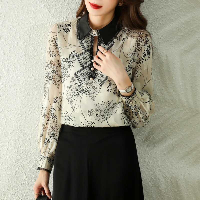 Floral Print Chiffon irt Women's Long Sve Faionable Ele Sle Spring Autumn Winter Top Ladies irt Straight Cut