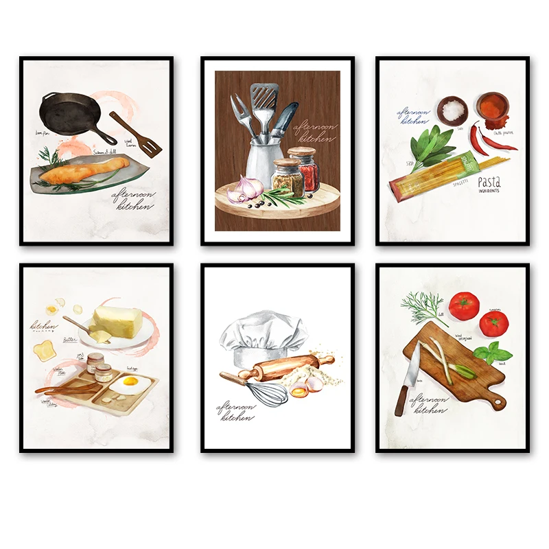 Modern Watercolor Kitchen Tools Seasoning Wall Art Canvas Painting Nordic Posters And Prints Wall Pictures For Dining Room Decor