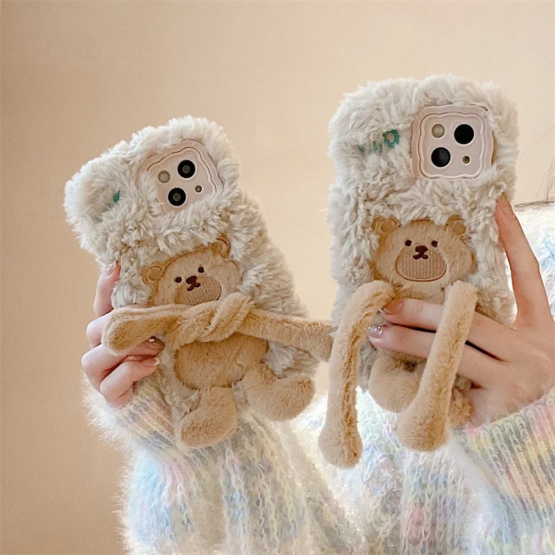 Plush Hair Fluff Toy Soft Phone Case Cartoon for Huawei Mate 60 50 40 Pro 30 Pro Cute Bear Women's Fashion Cover Cases