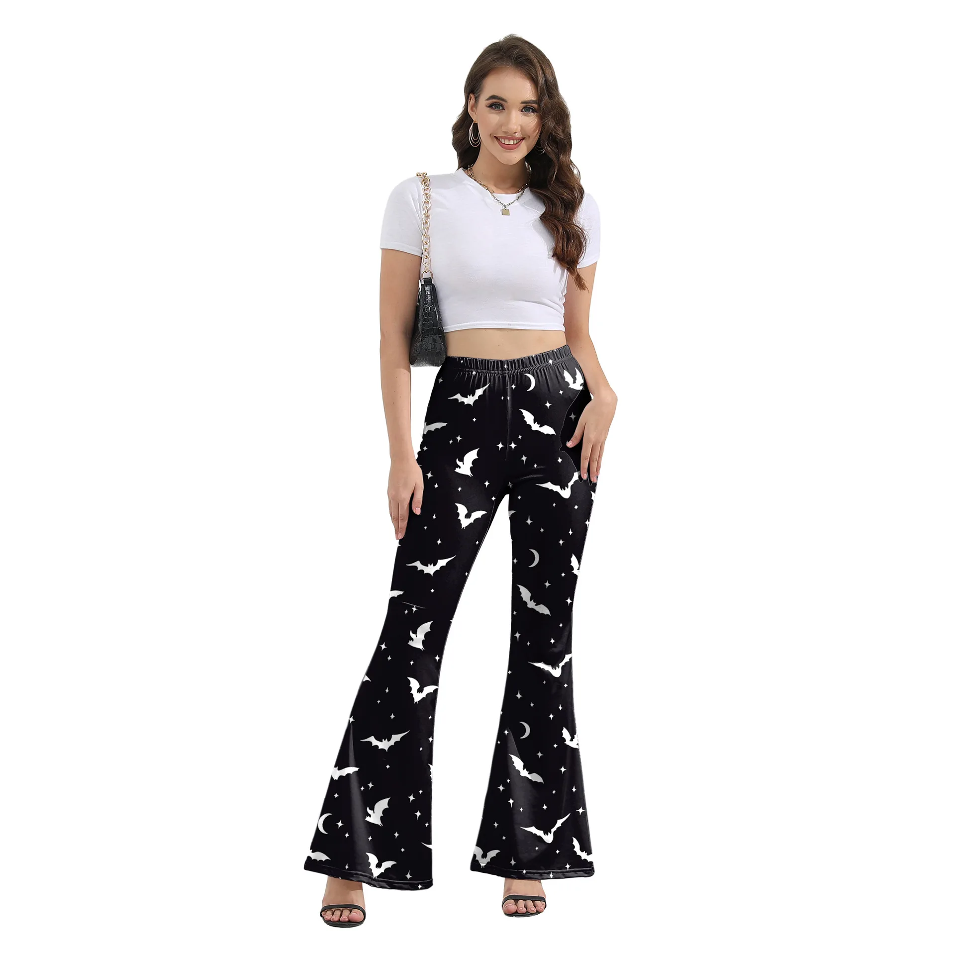 loween Costume Bell Bot Pants Pumpkin Pattern Casual Long Trousers for Women Polyester Fiber 00% Autumn Faion