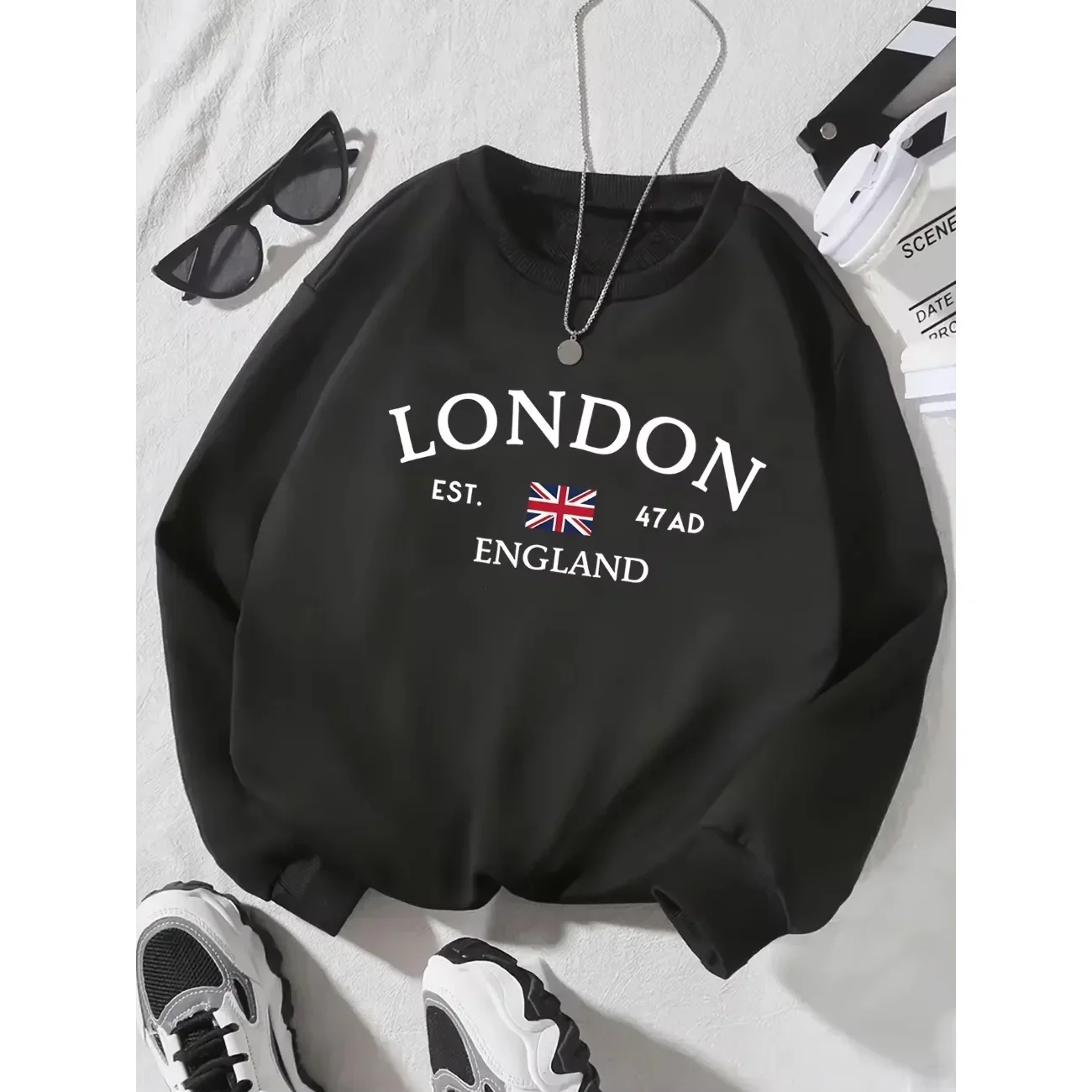 LONDON ENGLAND Design Print, Girl\'s Fashion Cozy Sweatshirt, Casual Long Sleeve Pullover Sweatshirt for Autumn and Winter Hoodie