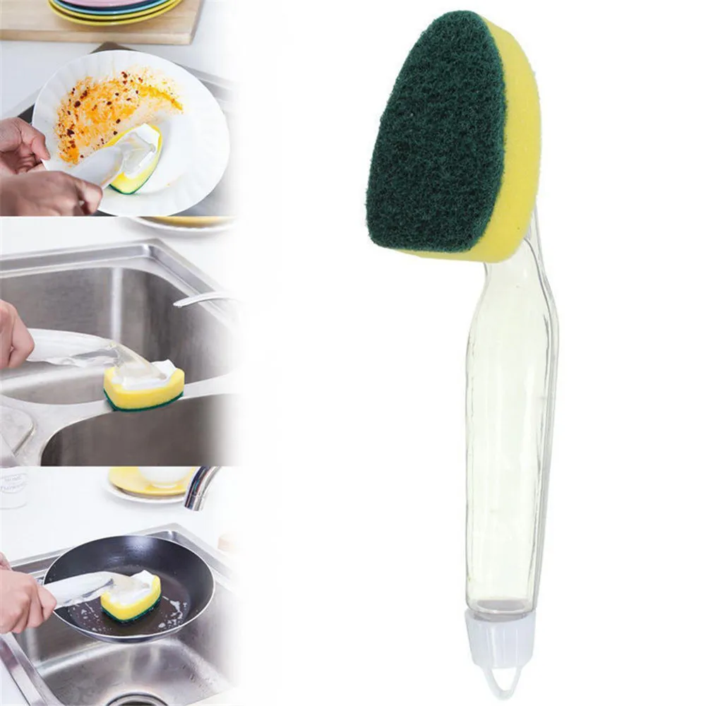 Replaceable Liquid Soap Dispenser Kitchen Cleaning Tool Long Handle Brush With Automatic Refill Liquid Sponge Wash Dish Scrubber