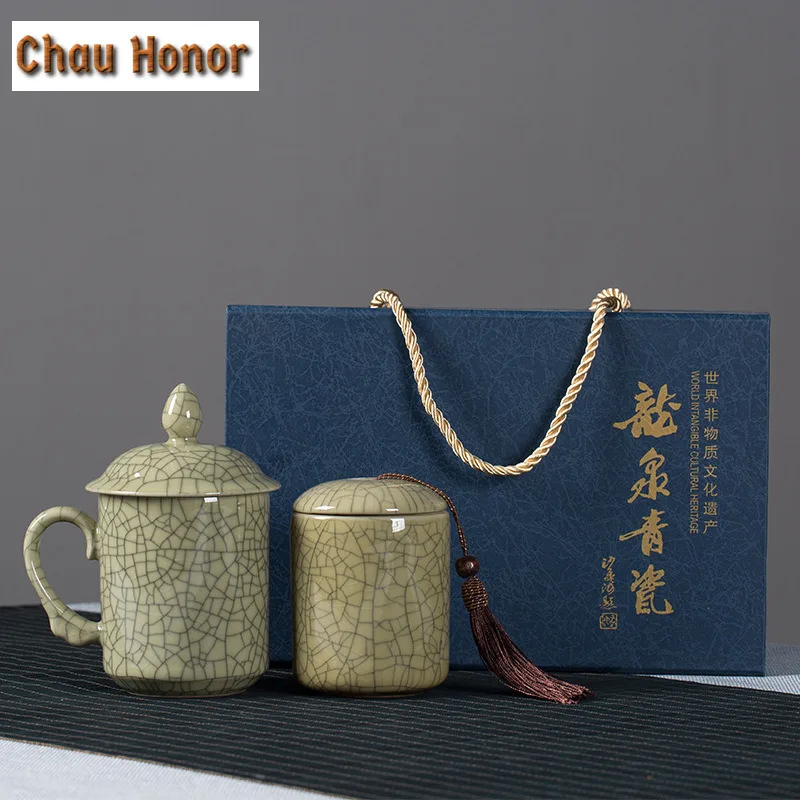 

2pc/set Longquan Celadon Coffee Mug Luxury Retro Breakfast Mug Afternoon Tea Mug Master Office Water Cup Tea Caddy Kit Gift Box