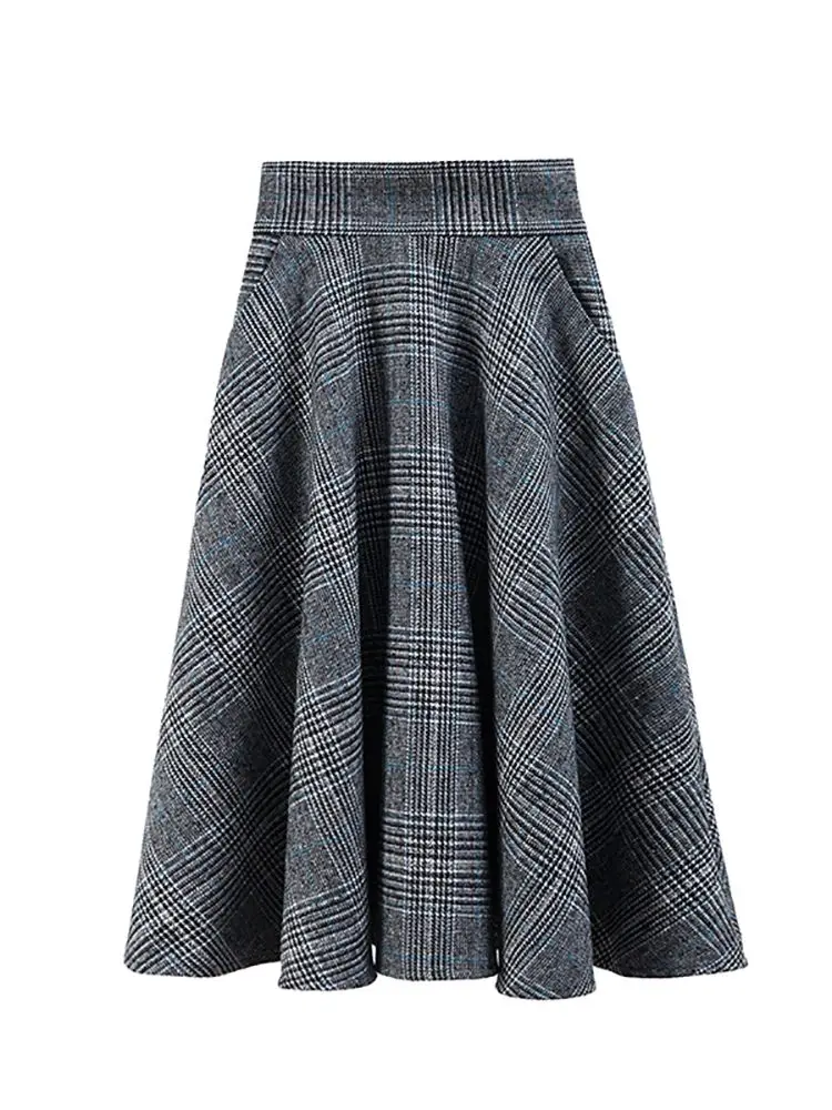 England Style Grey Plaid skirt High Waist Midi Skirts Woolen A Line Pleated Winter Women Tartan Skirts S-5XL