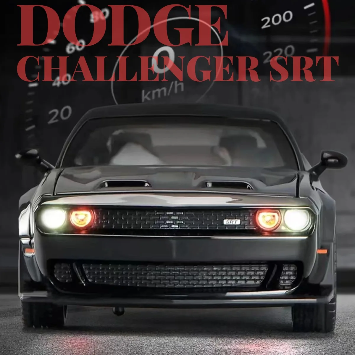 

1:32 Dodge Challenger SRT Hellcat Pullback Car with Lights Engine Sound, Diecast Car Model Scale Replica Gift Kid Boy Toy