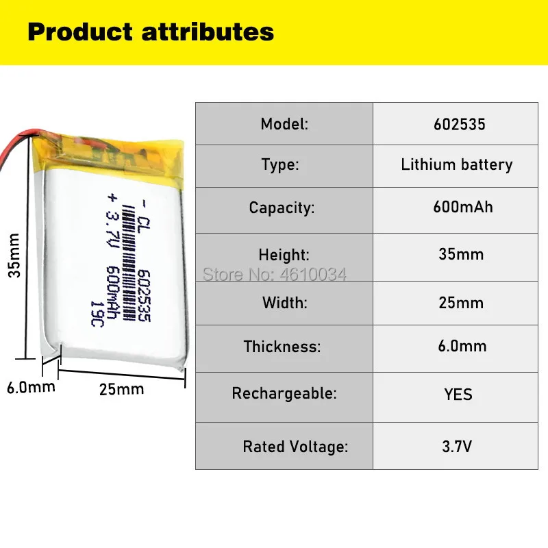 توريد بطارية ليثيوم بطارية ليثيوم بوليمر قابلة للشحن 602535 600 mah 3.7 V ل MP3 MP4 MP5 GPS PSP منتصف سماعة رأس بخاصية البلوتوث
