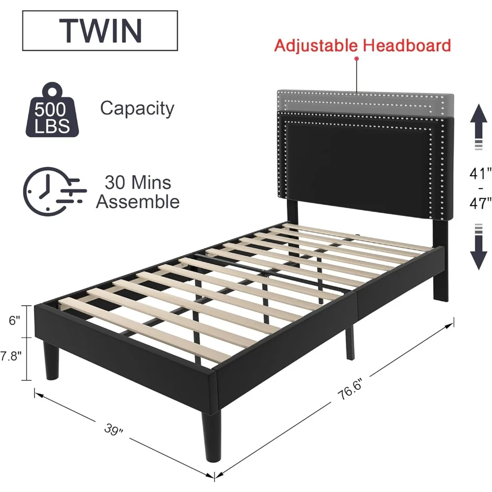 VECELO Twin Size Platform Bed Frame with Adjustable Upholstered Headboard, Modern Mattress Foundation, Strong Wood Slat Support,