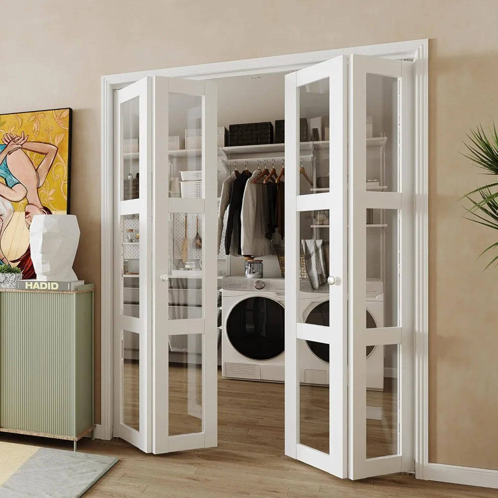 

3-lite Clear Glass Closet Door for 60"x 80" Opening, Folding Doors with Hardware Kits, Multifold Interior Doors