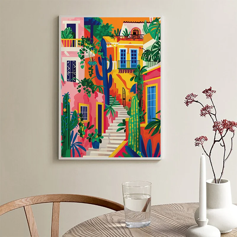 1PC frameless decorative art print,Colourful Mexican Street Cactus Poster Wall Art Picture Architecture Boho Canvas Painting Pri - view 2