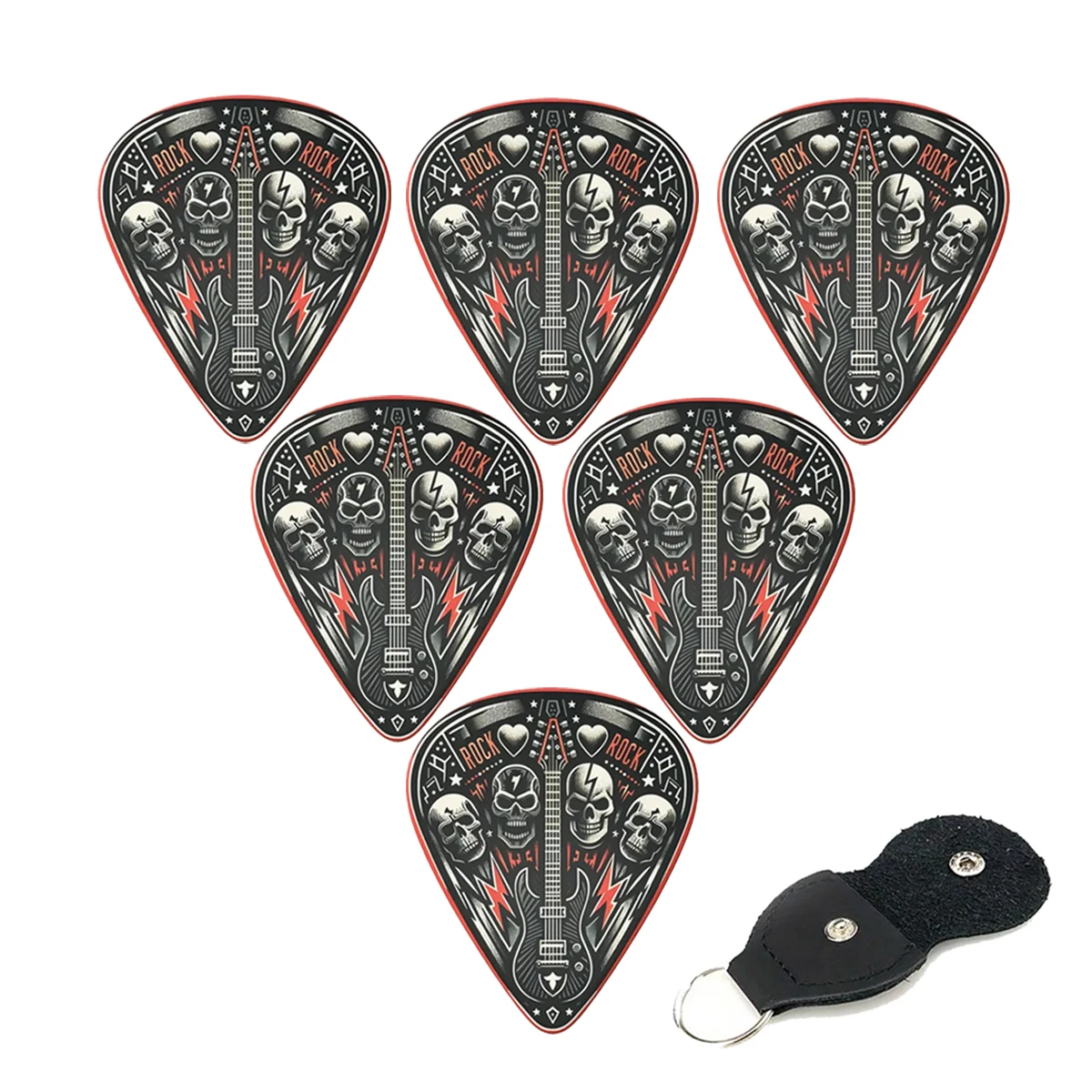 Miwayer 6Pcs ABS Guitar Picks – Four Skulls Around Guitar Design,Rock Style,Portable Pouch,Double-Sided Print, 0.46/0.71/1.0mm,
