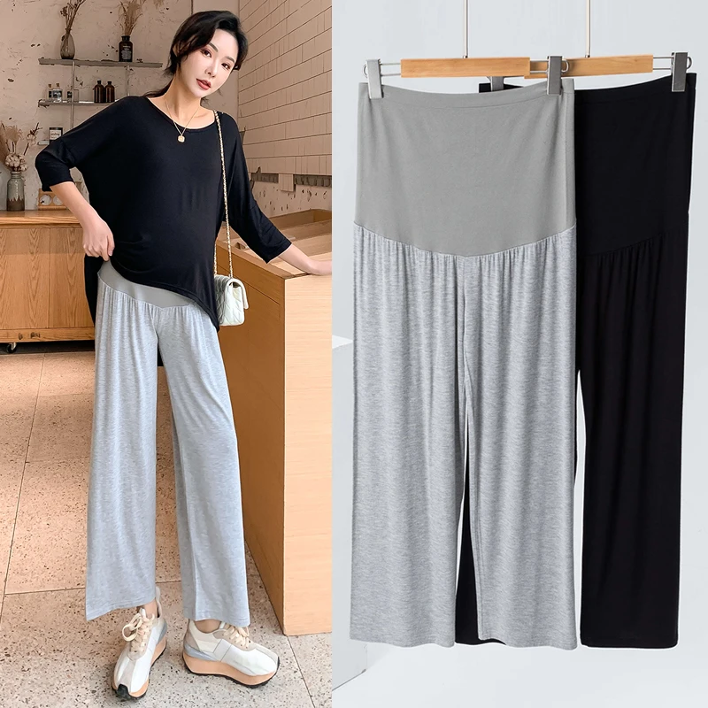 

2024 Summer Maternity Belly Pants High Waist Thin Cool Modal Trousers Wide Legs Pregnant Woman Long Loose Sport Pants Sweatpants