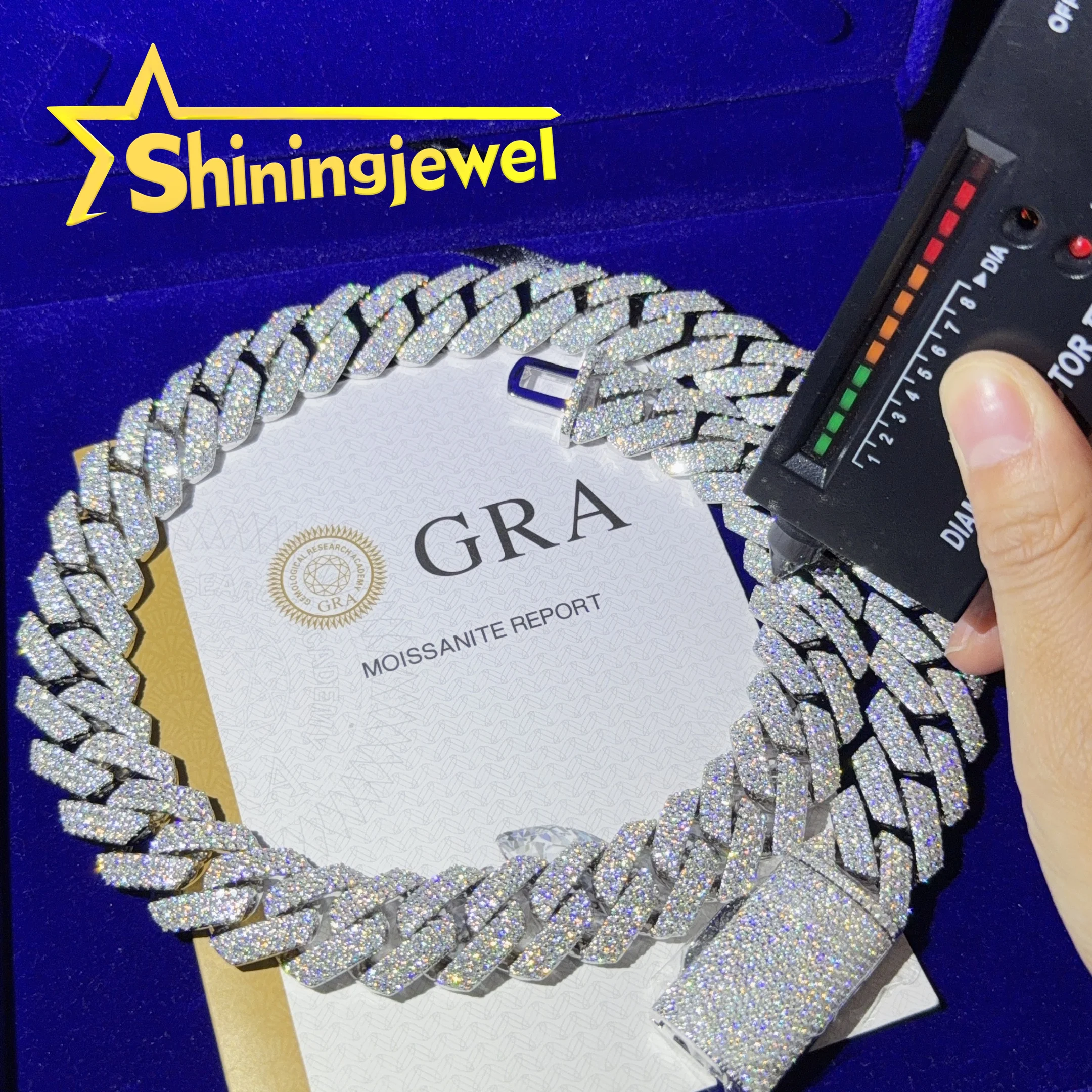 3 15mm Row 925 Silver Iced Out Cuban Link Chain Moissanite Diamond Hip Hop Jewelry Cuban Chain Moissanite Pass Diamond Tester..