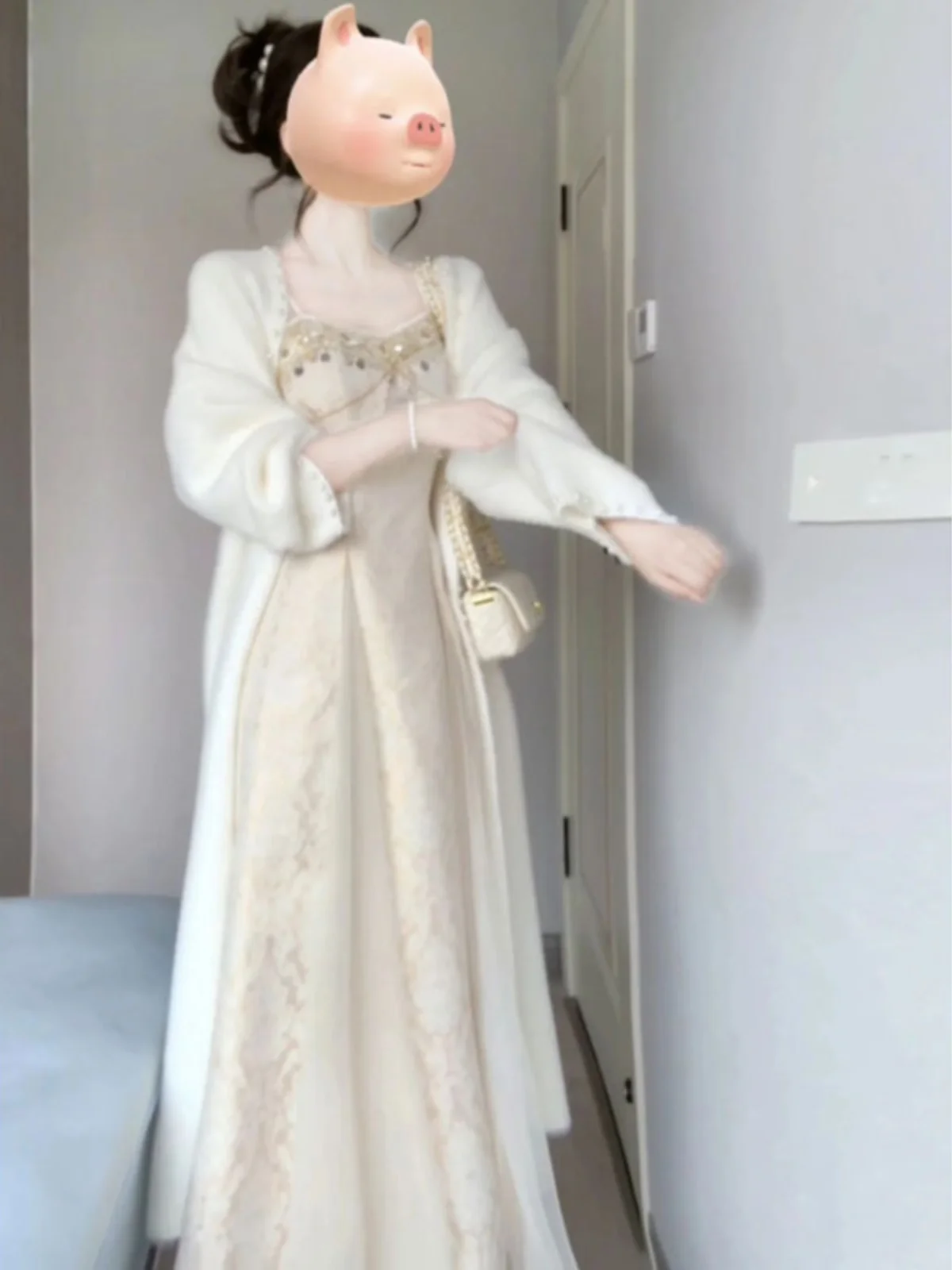 

Unique Beautiful Two-Piece Set Rich Girl Sensation Strap Dress Cardigan Outerwear Comfortable Long Sleeve Cotton Autumn Fashion