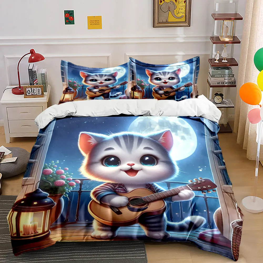Cat playing guitar under moon Pattern Duvet Cover Set Digital Print Colorful Polyester Bedding with Zipper Closur for kids gifts