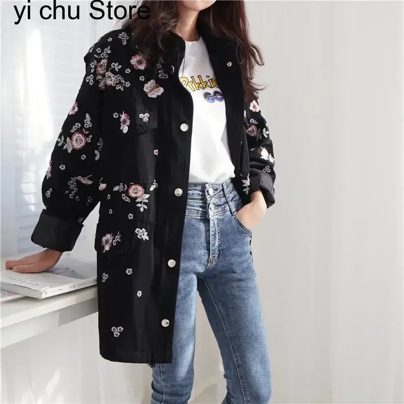 New High Quality Autumn Vintage Flower Embroidery Women's Tooling Trench Casual Fashion Casual Windbreaker Coat