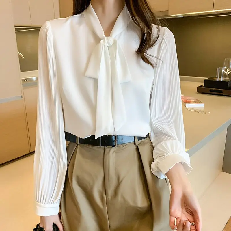 Bow White Shirt for Women Spring Autumn New Long Sleeve Chiffon Solid Loose Temperament Blouse Office Fashion Women Clothing