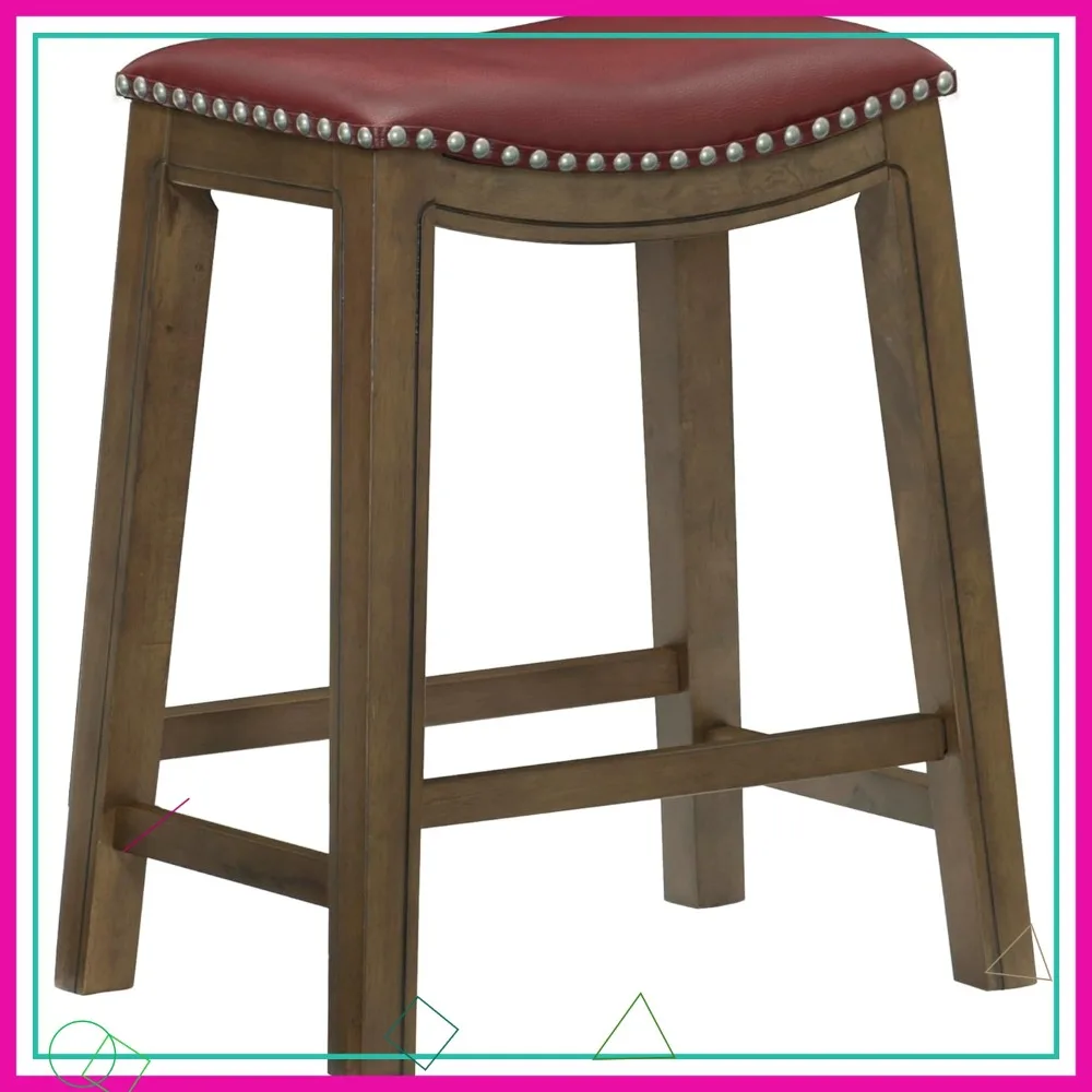 Sgabello da bancone in legno massello rosso - Sgabelli da bar da cucina con sedile a sella da 25 pollici per sala da pranzo e divertimento