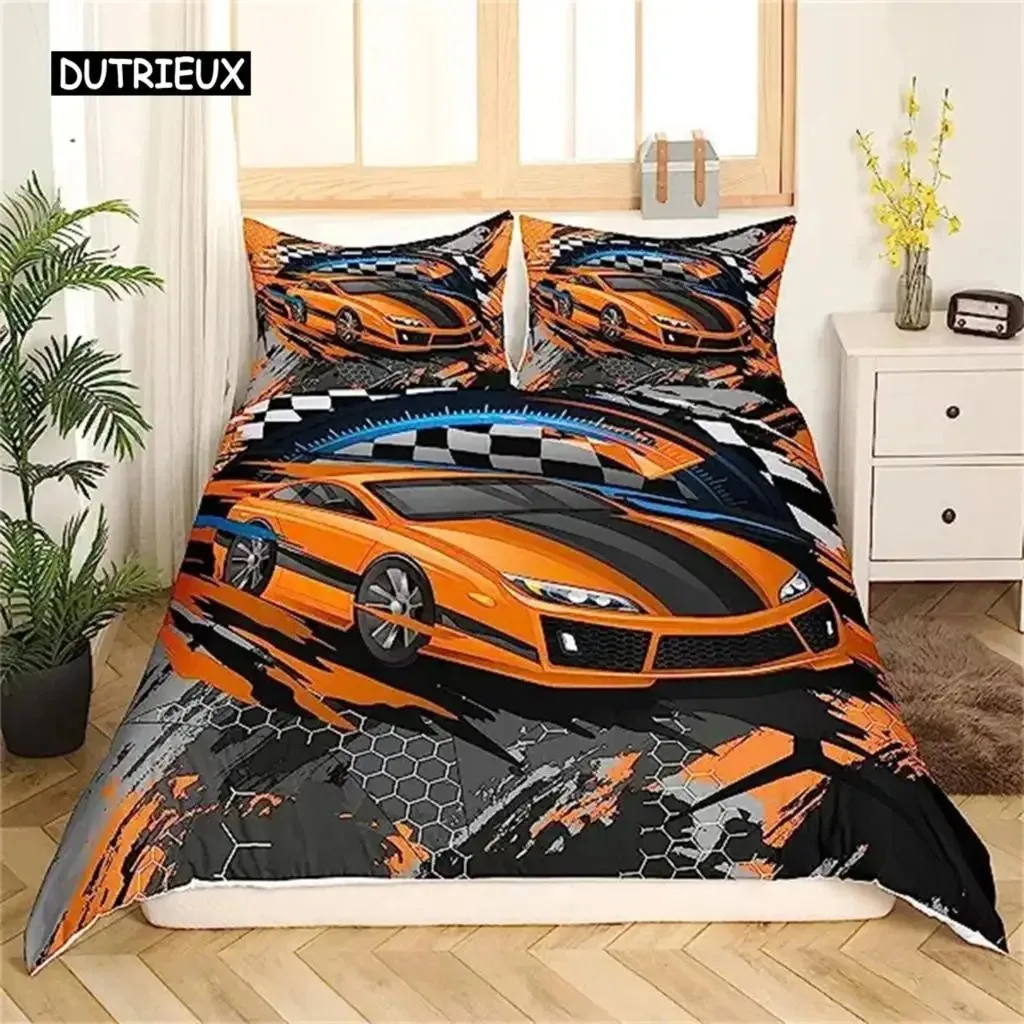 Racing Dirt Bike Duvet Cover Race Car Competition Extreme Sports Black and White Grid for Kid Boy Men Red Automobile Room Decor