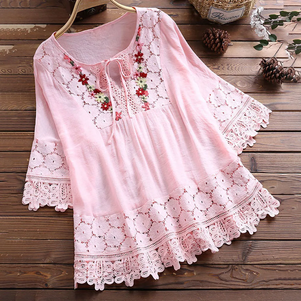 

Summer Elegant Women Shirts Plus Size Fashion Lace Patchwork Embroidery Flower Blouse Three-Quarters Sleeves V-neck Casual tops