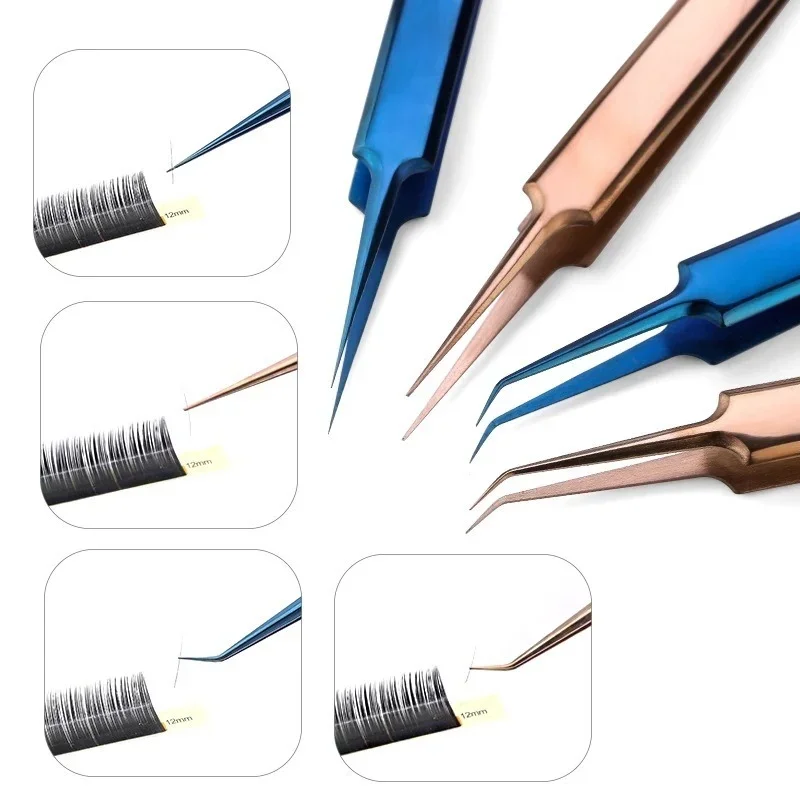 Tweezers Stainless Steel Gold Blue for eyelash extension high-precision eyelash extension tweezers Thin tip