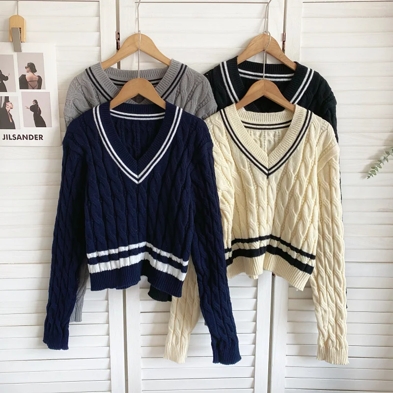 

Облегающий вязаный свитер V-Ne Long Sve, женский модный цветной свитер для колледжа, теплая осень-зима 2023, Новое поступление