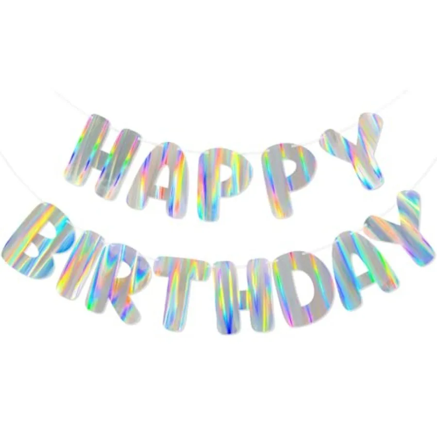Iridescent Happy Birthday Banner, Pre-Strung Birthday Party Decorations, Holographic Aurora Effect Birthday Sign Vibrant Rainbow