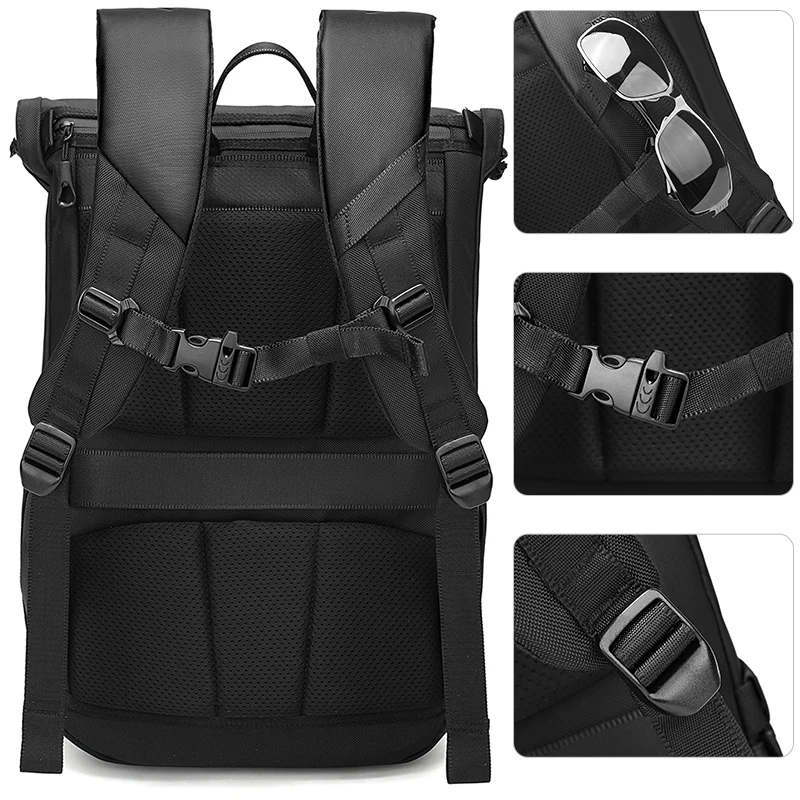 Evervanz-expansível mochila roll top, mochila moda impermeável com bolso portátil, adequado para o trabalho, negócios, viagem faculdade, preto