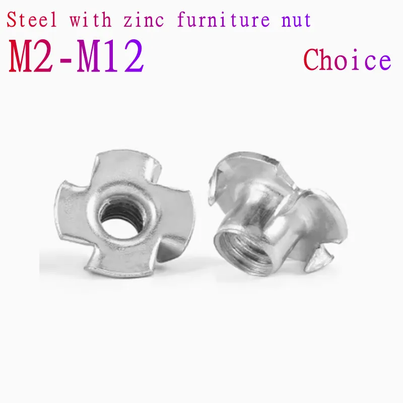 10-50pcs M2 m3 m4 m5 m6 m8 M10 M12 1/4-20UNC captive nuts Four Prong Furniture T Nut Inserts For Wood Zinc Plated