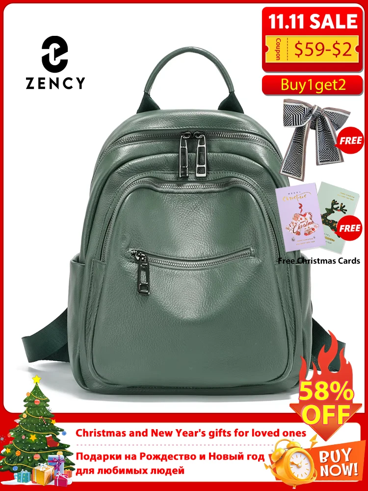 Zency 다크 그린 여성용 정품 가죽 배낭, 대용량 여행 배낭, 숙녀 사첼 책가방, 2025