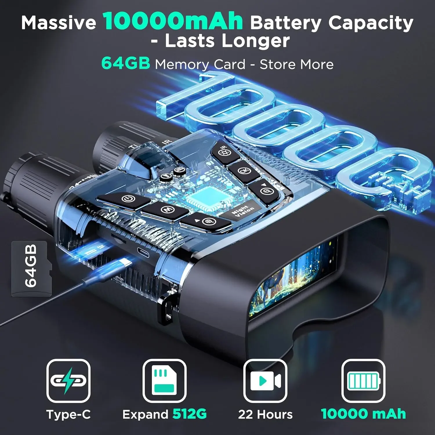 نظارات رؤية ليلية، رؤية ليلية كاملة الألوان بدقة 58 ميجابكسل بدقة 4K مع بطارية شحن سريع 10000 مللي أمبير في الساعة وبطاقة 64 جيجابايت وشاشة 3.99 بوصة وأقدام 1968 قدم #2