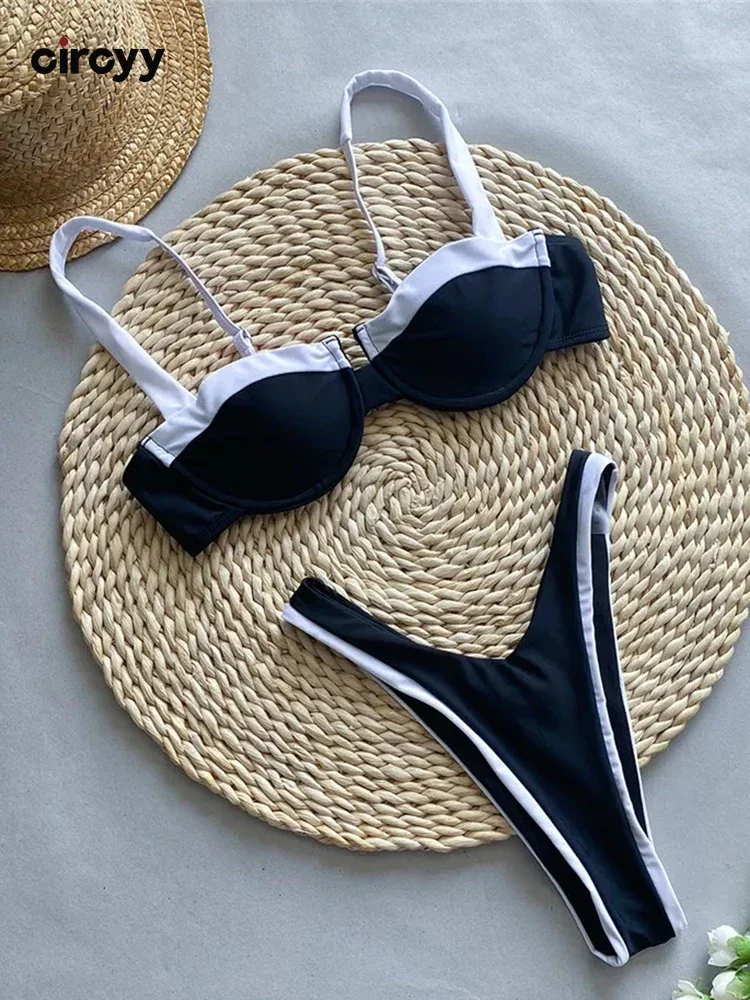 Circyy Swimwear Women Block Color Bikinis Set Black White Contrast Colors Beachwear Summer Two-pieces Bather Sexy Bathing Suit