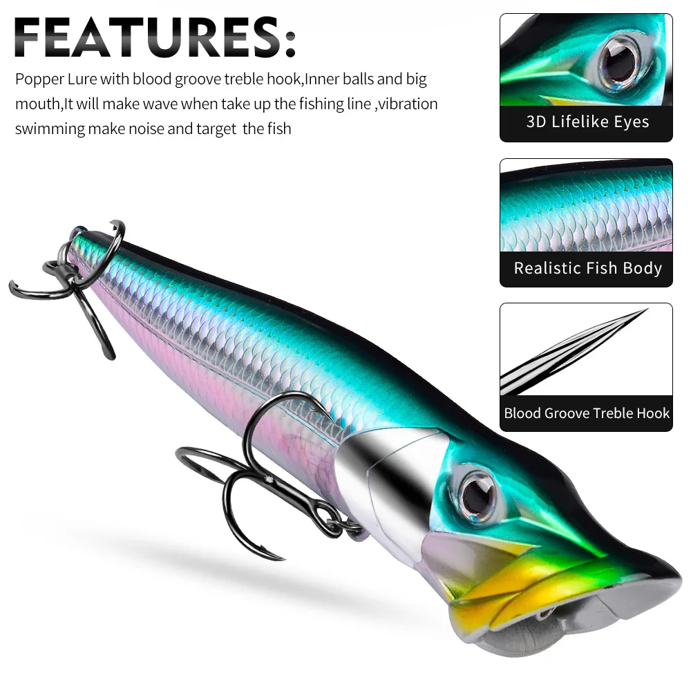 Proberos Topwater Floating Popper Köder, Künstlicher Harter Wobbler mit Rassel, 19g/50g Weitwurf-Oberflächenköder – Detail 5