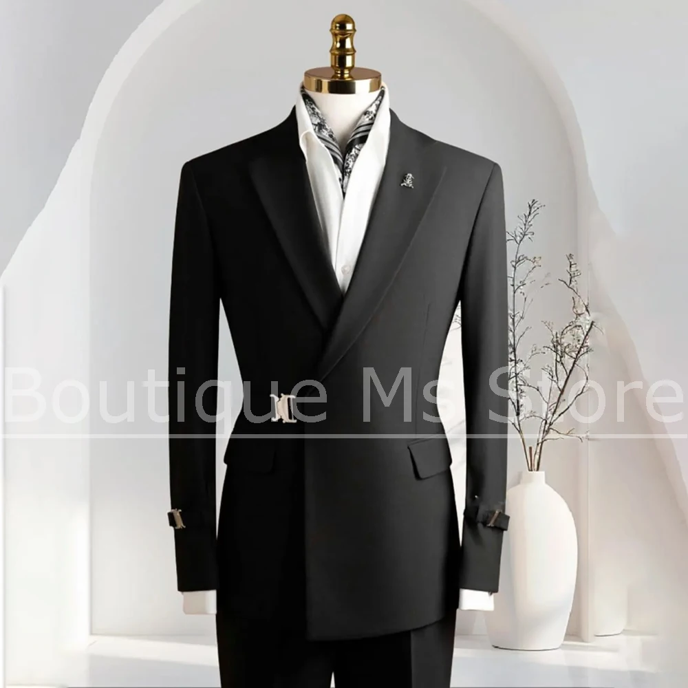 Men Black Notch Lapel Two Piece Suit Slim Metal Buckle Cuff Design Luxury Formal Business Wedding Party Blazer And Pants