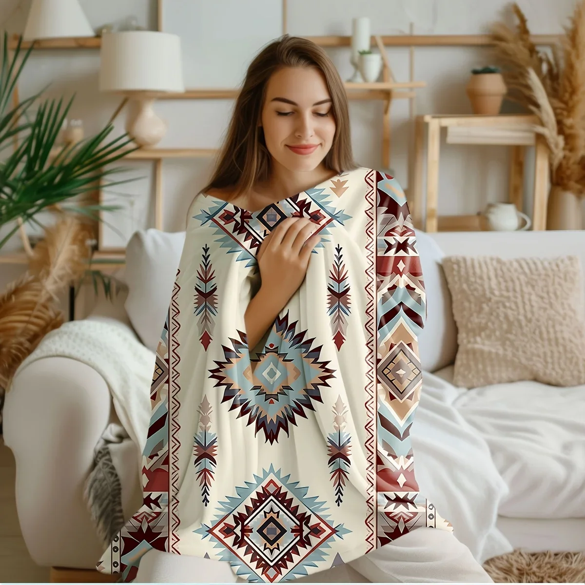 Ultra Soft Flannel Throw Blanket Southwest Boho Geometric Aztec Print Knit Decorative Wrap for Couch Bed Picnic Fall Winter Home