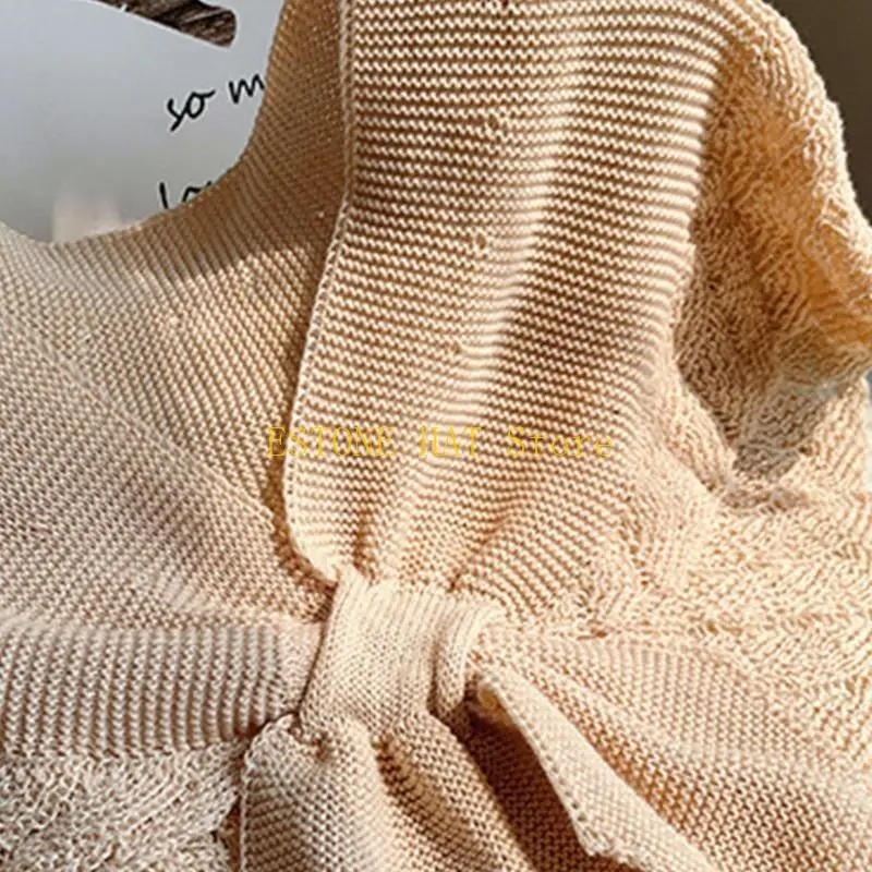 49MF Women Spring Crochet Shawl Wrap Knitted Fish Scales Color Fake Collar Poncho Tie Knot Front Vintage Warm Scarf