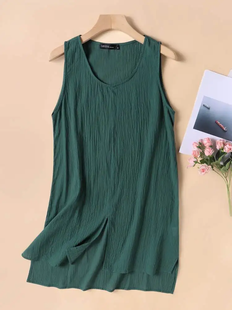 Vintage Solid Tanks Tops Loose Beach Blusas Cotton Camis Tunic ZANZEA Women Sleeveless Blouse Summer Split Shirt Casual Chemise