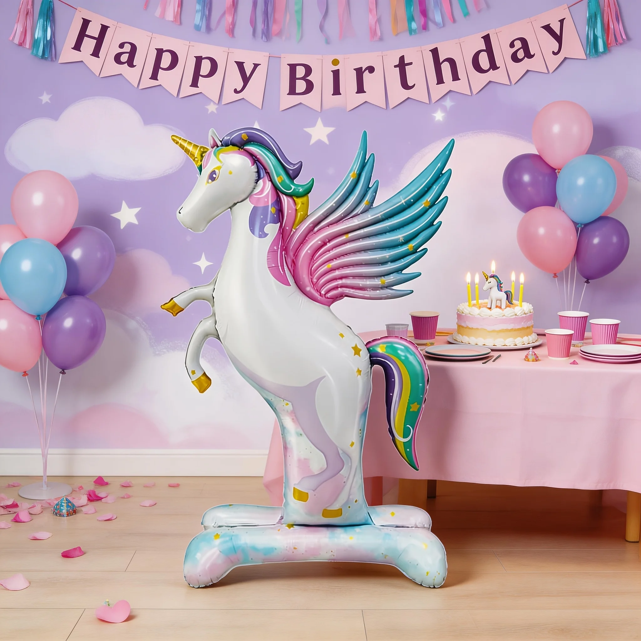 Giant 3D Self-Standing Unicorn Foil Balloon with Stable Base, Rainbow Gradient Unicorn with Wings Inflatable Mylar Balloon for K