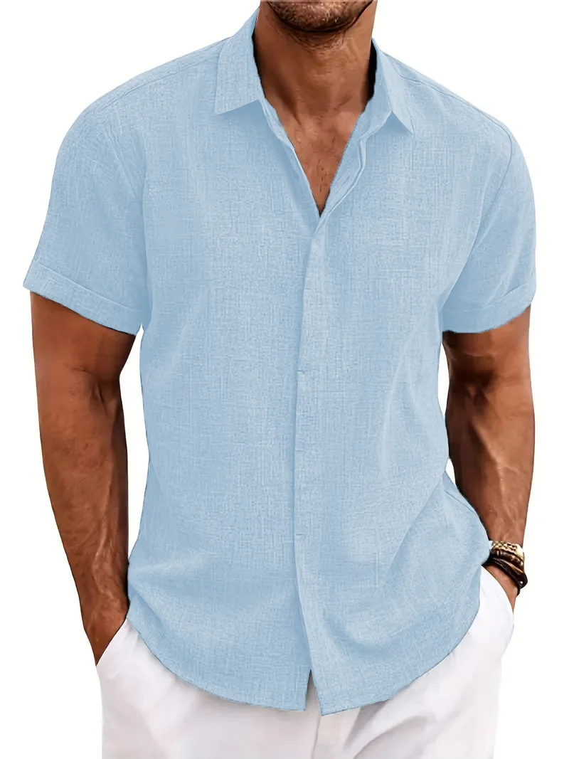 Camisa de lino y algodón holgada informal a la moda explosiva de verano para hombre, camisa de manga corta de talla grande para playa de tendencia para hombre